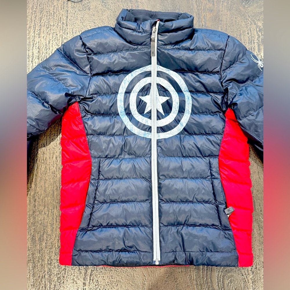 Kids 10–12 SPYDER Marvel Navy and Red Puffer Jacket. Special edition
